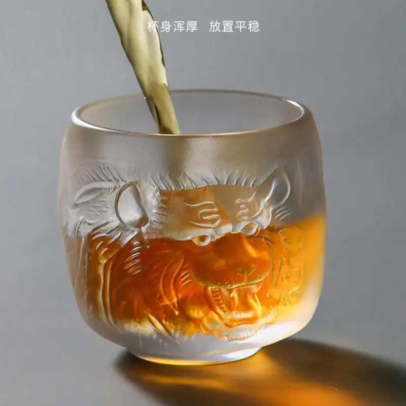 Exquisite Crystal Glass Teacups Embossed Tiger Head Heat-res