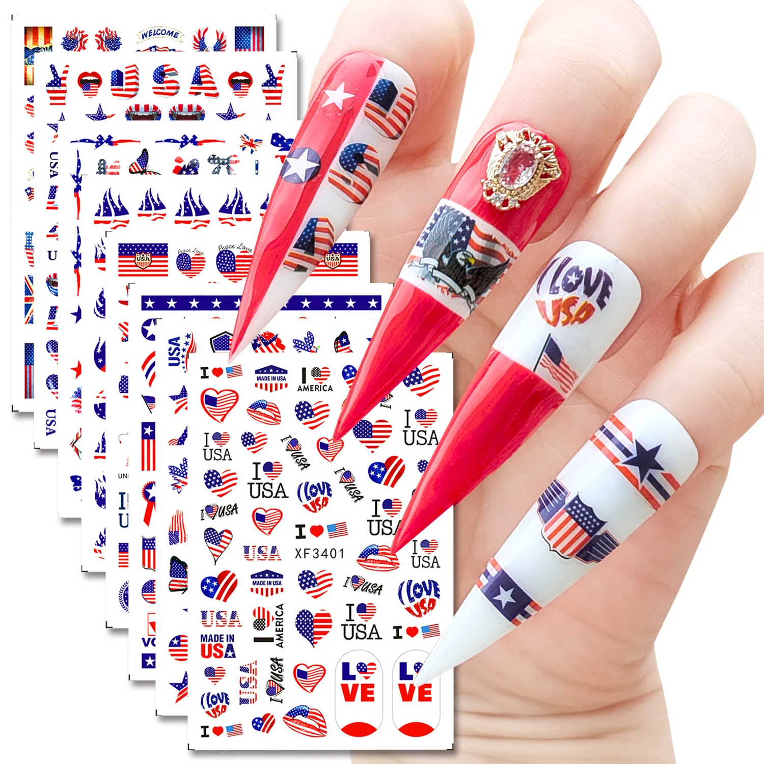 

8pcs/set 3D nail art stickers US Independence Day butterfly flag heart star flame trophy cup DIY manicure peel off decal XF028