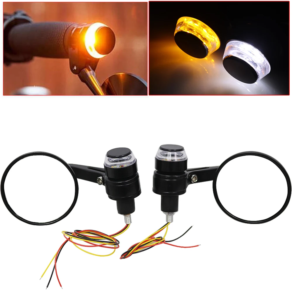 

2pcs 22mm 7/8in Handlebar End Round Rearview Mirrors with LED Turn Signal Light Universal For Motorcycle Glass+Aluminum