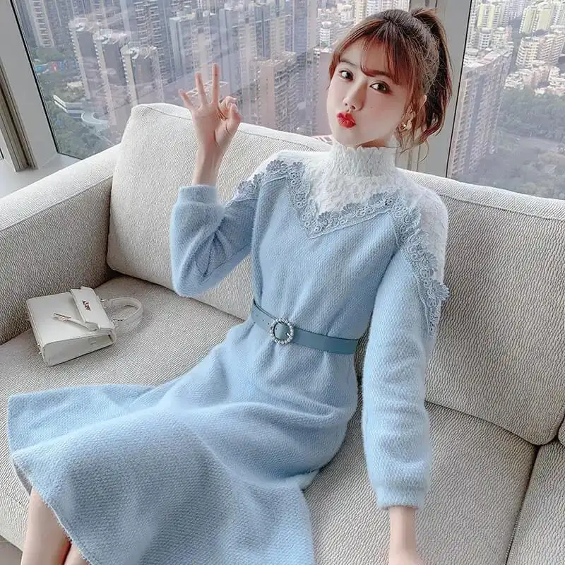 

Women 2022 Spring Autumn New Lace Stitching Knitted Dress Female Turtleneck Sweater Vestidos Ladies Long Sleeve Dresses F293