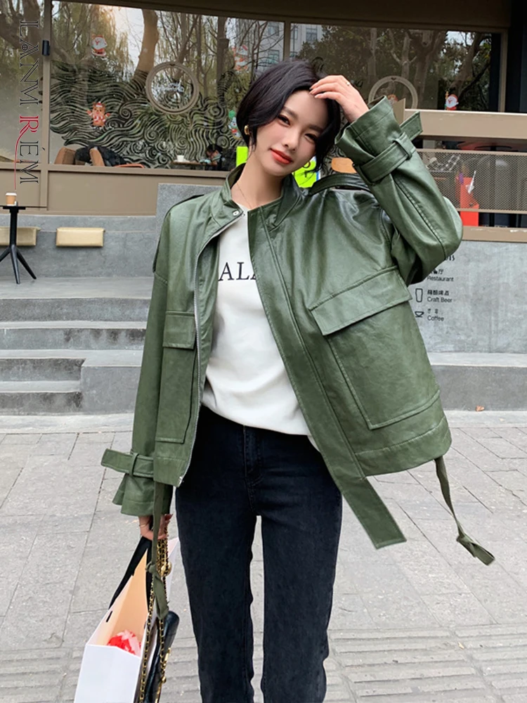 

LANMREM Green Short Stand Collar PU Leather Jacket Women's 2022 Autumn New Korean Style Loose Thin Cool Streetwear Coats 2R4510