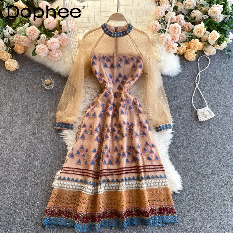 

Women Mesh Patchwork Print Dress Round Neck Long Sleeve New Arrivals Lady Sexy Fashion Temperament Spring 2022