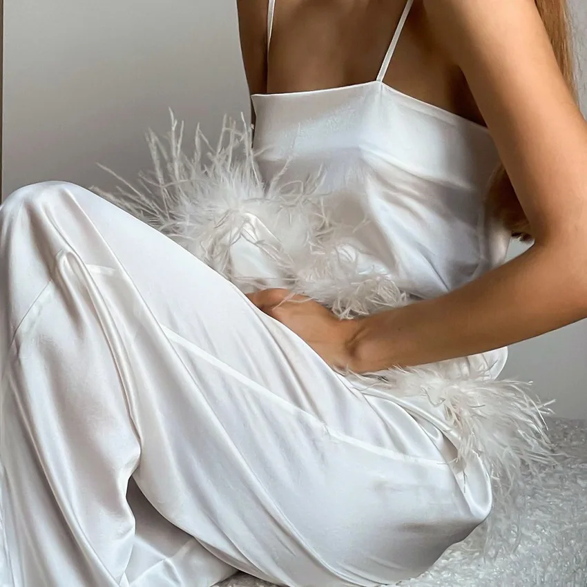 

2Pcs Sleepwear Women Satin Pajamas Set Solid Color Spaghetti Strap Fur Hem Camisole Tops Trousers Lounge Pant Homewear Nightwear