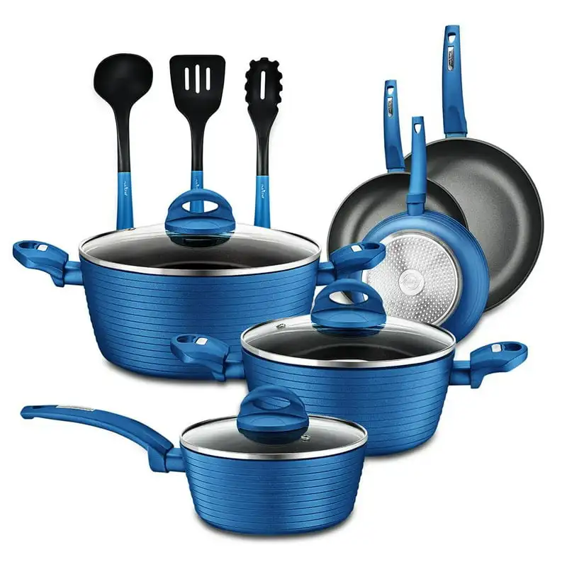 

12pc Pots & Pans Set - Stylish Kitchen Cookware, Non-Stick Coating, Light Gray Inside and Blue Outside Kitchen Cooking Accessori