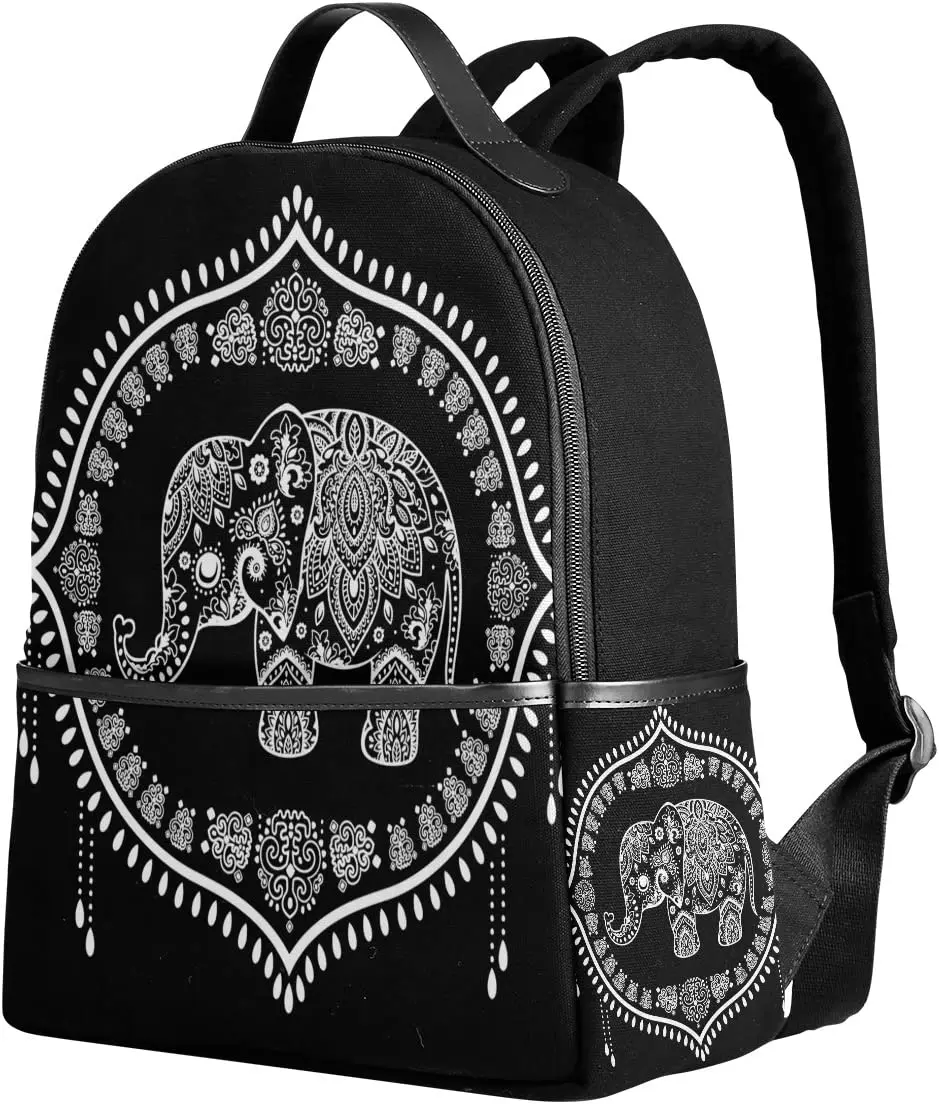 

Indian Lotus Flower Elephant Black Polyester Backpack School Travel Bag