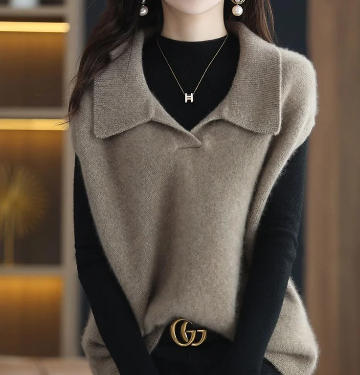 Autumn Winter Lady Vest Women Wear POLO Collar Knit Backing Loose Outwear Lazy Sweater Khaki Coat