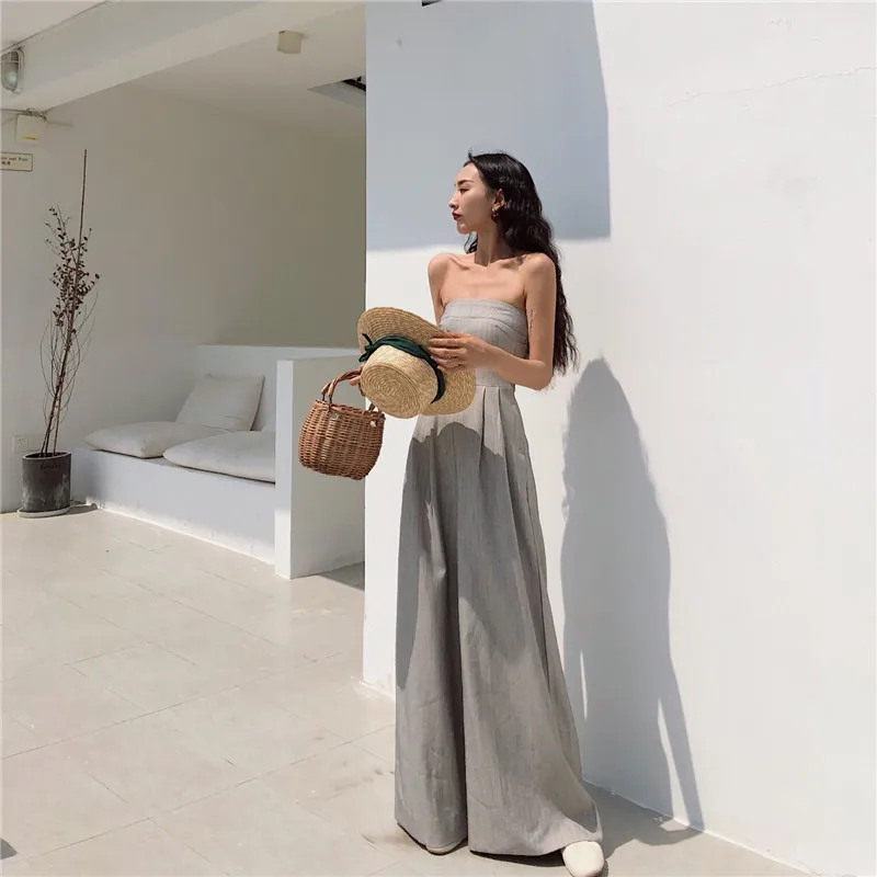 High Waist Tube Top Playsuit Rompers Fashion Summer Long Wide Leg Pants Bodysuit Women Sexy Grey Slash Neck Strapless Jumpsuit