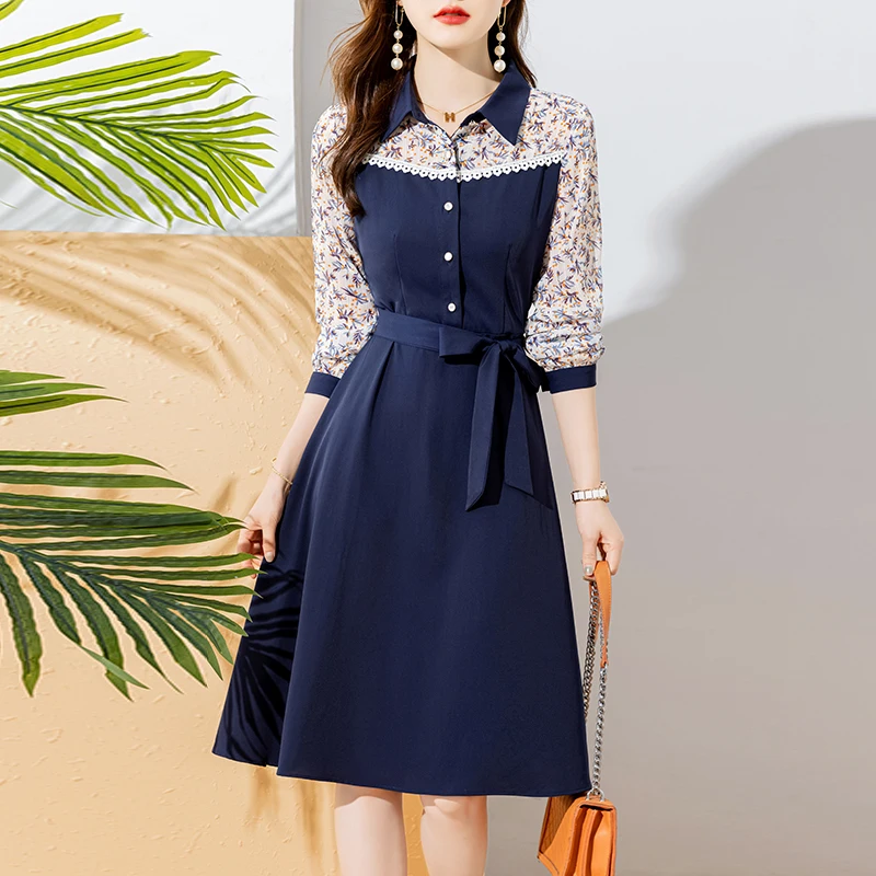 

Autumn Korean Fashion Elegant Women Dress Design Floral Long Sleeve Knee-length Office Lady Dresses A-line Belt Bodycon Dress