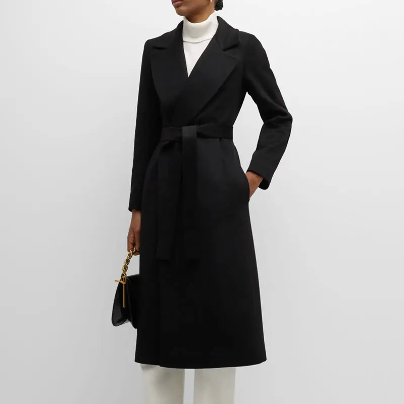 Модное офисное женское пальто с отложным воротником Черное Женское зимнее