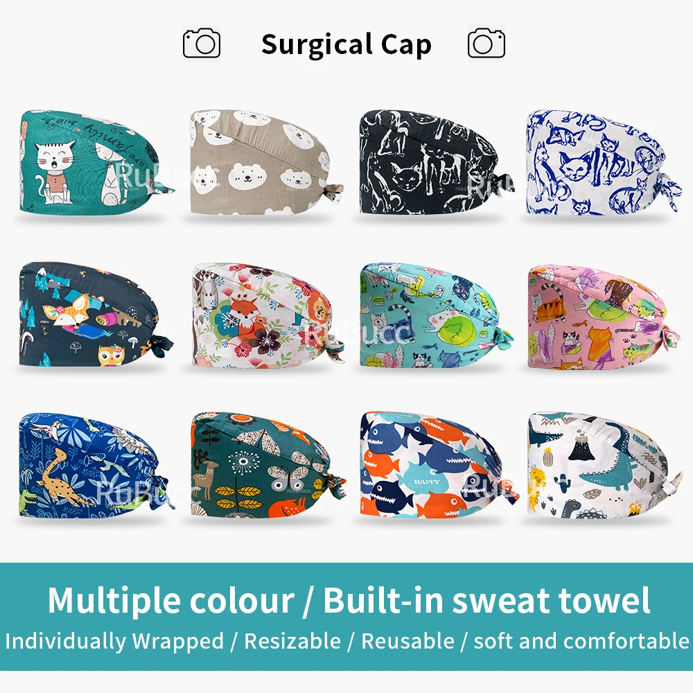 

100% Cotton Scrub Caps for Women and Men Hospital Medical Hats Dental Clinic Elastic Tieback Section Surgical Cap Wholesale Hats