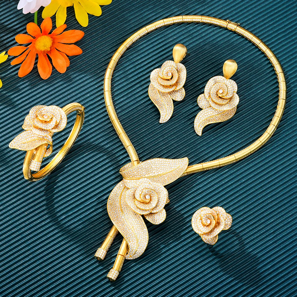 GODKI Nowa moda Afrykańskie duże kwiaty róży Dubaj Zestaw biżuterii ślubnej dla kobiet Ślub Impreza Nigeryjski naszyjnik Choker kolczyków