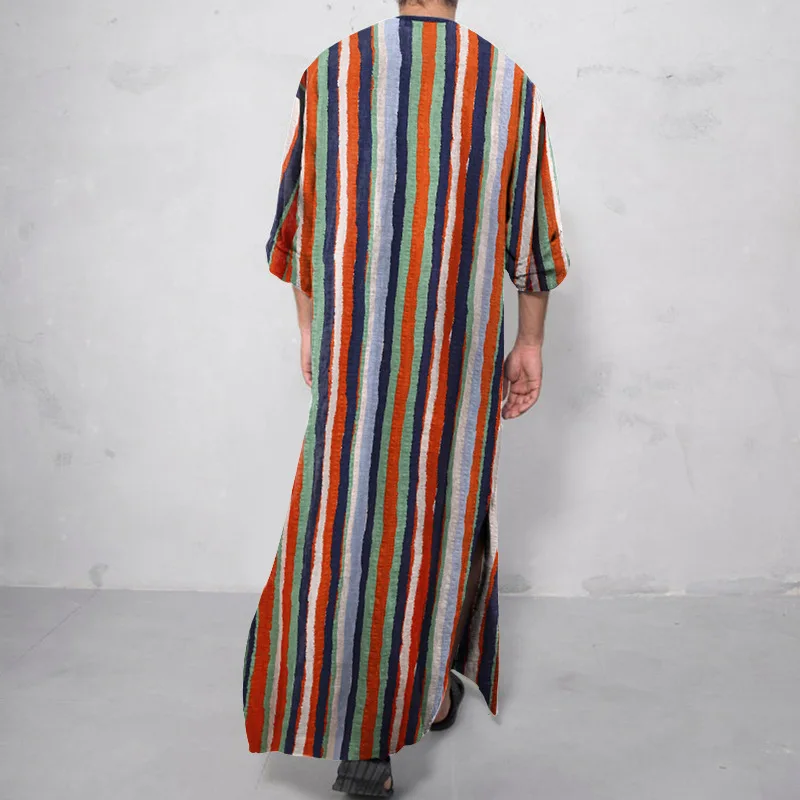 Muslim Southeast Asia's New Men's Loose Stand-up Collar Striped Long-sleeved Robe Ethnic Style Middle East Robe Arabic Abaya
