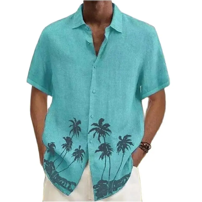 

New Men's Linen Short Sleeve Shirts Summer Solid Coconut Tree Printed Casual Linen Blouse Tops Loose Streetwear Beach Men Shirts