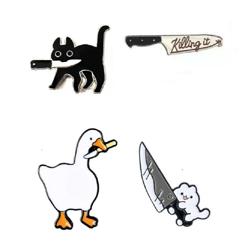 

1 шт. забавная мультяшная опасность, гусиная булавка, эмалированный значок, милая утка, кошка, кролик с ножом, брошь на рюкзак, аксессуары для украшения одежды