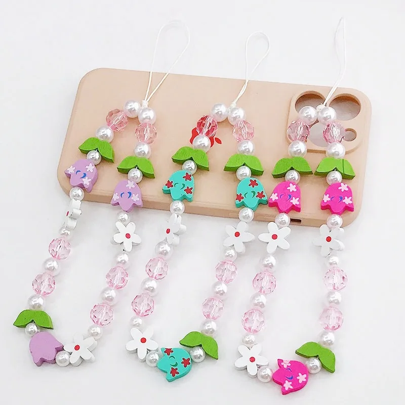 

Beautiful Tulip Flower Beaded Phone Case Lanyard for Women Crystal Butterfly Pearl Heart Charm Phone Chain Jewelry Accessories