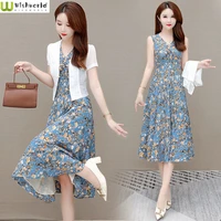printed chiffon dress womens 2022 spring and summer new style temperament high sense goddess style two piece suit skirt