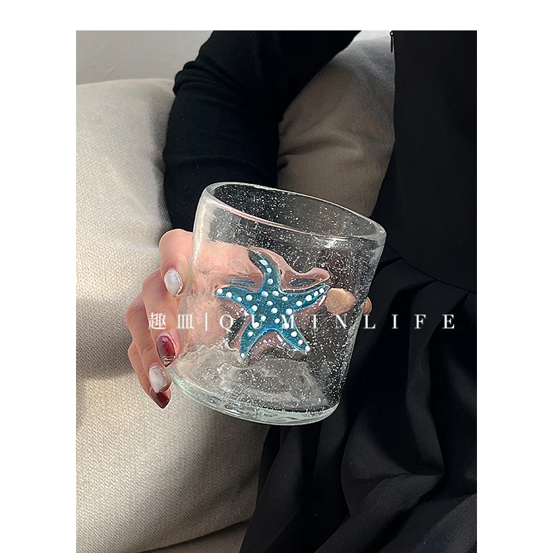 

Starfish Water Cup Bubble Glass Medieval Hand Blown Water Cup Juice Coffee Drink Cup Cute Glass Water Cup Glassware for Drinking