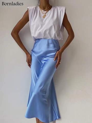 Bornladies Solid Purple Satin Silk Skirt Women High Waisted Summer Long Skirt New 2020 Elegant Ladies Office Skirts Midi Spring