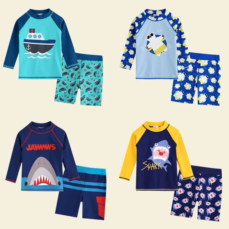 

Cute Swimwear Cartoon Kids Beach Children's Bathing Suit UV Protection Shark Print Swimming Suit for Boys Cap Swimming Trunks