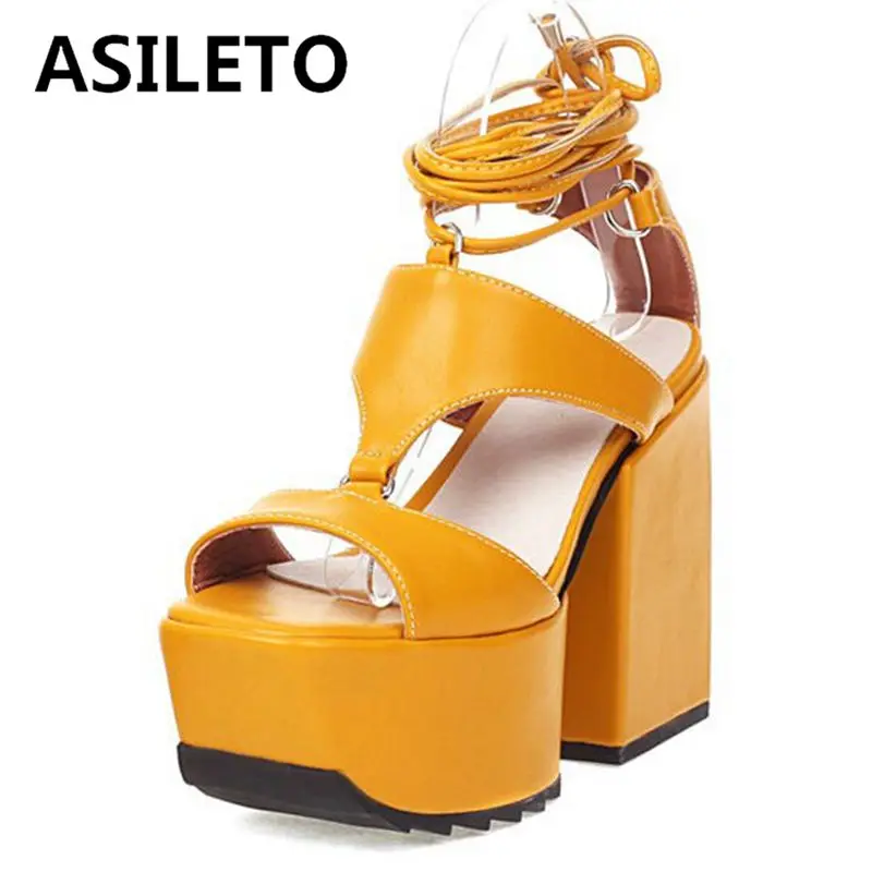 

ASILETO 2022 Platform Sandals For Women Peep Toe Block High Heel Cross Tied Sexy Shoes Big Size 35-46 Black Rome Summer S3606