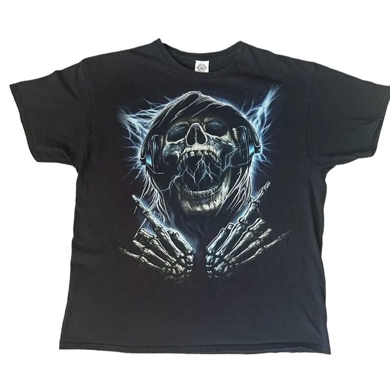 Винтажная черная футболка Y2K Cyber Skull w/наушники с графическим принтом XL