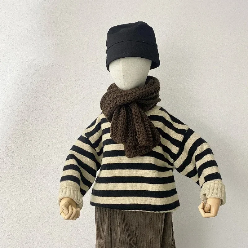 Детский утепленный вязаный свитер Классический Полосатый пуловер с