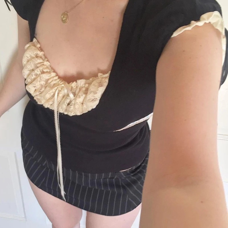 Женский винтажный Топ Milkmaid Лоскутная кружевная плиссированная футболка с