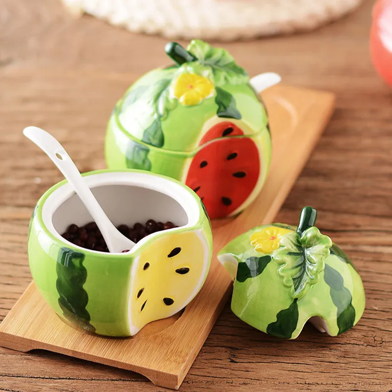 

Creative Ceramic Seasoning Jar Cute Fruit Watermelon Shape Put Pepper Sugar Salt Jar for Kitchen Supplies Spices Storage Box