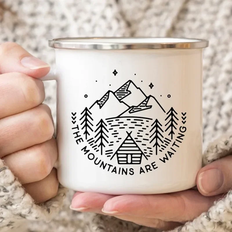 

The Mountain Are Waiting Print Enamel Mug Creative Camping Coffee Tea Water Milk Cup Mugs Handle Drinkware Vacation Hiking Gift