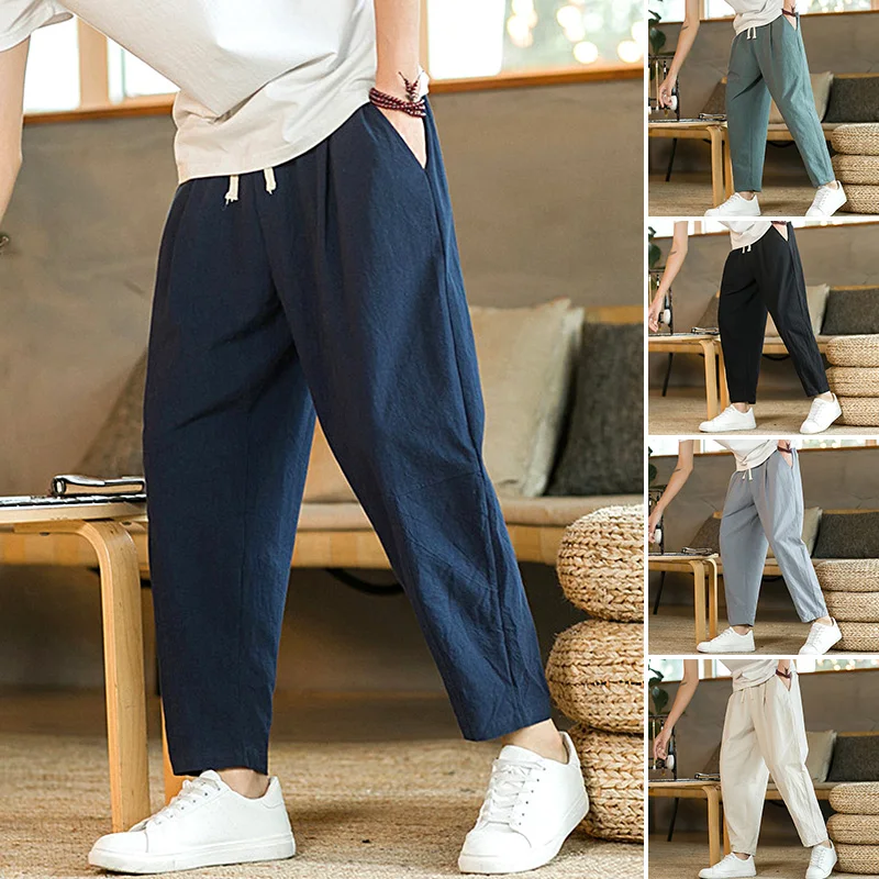 

Autumn New Men's Casual Pants Japanese Solid Color Simple Cotton Hemp Loose Fit Breathable Straight Tube Pants for Men