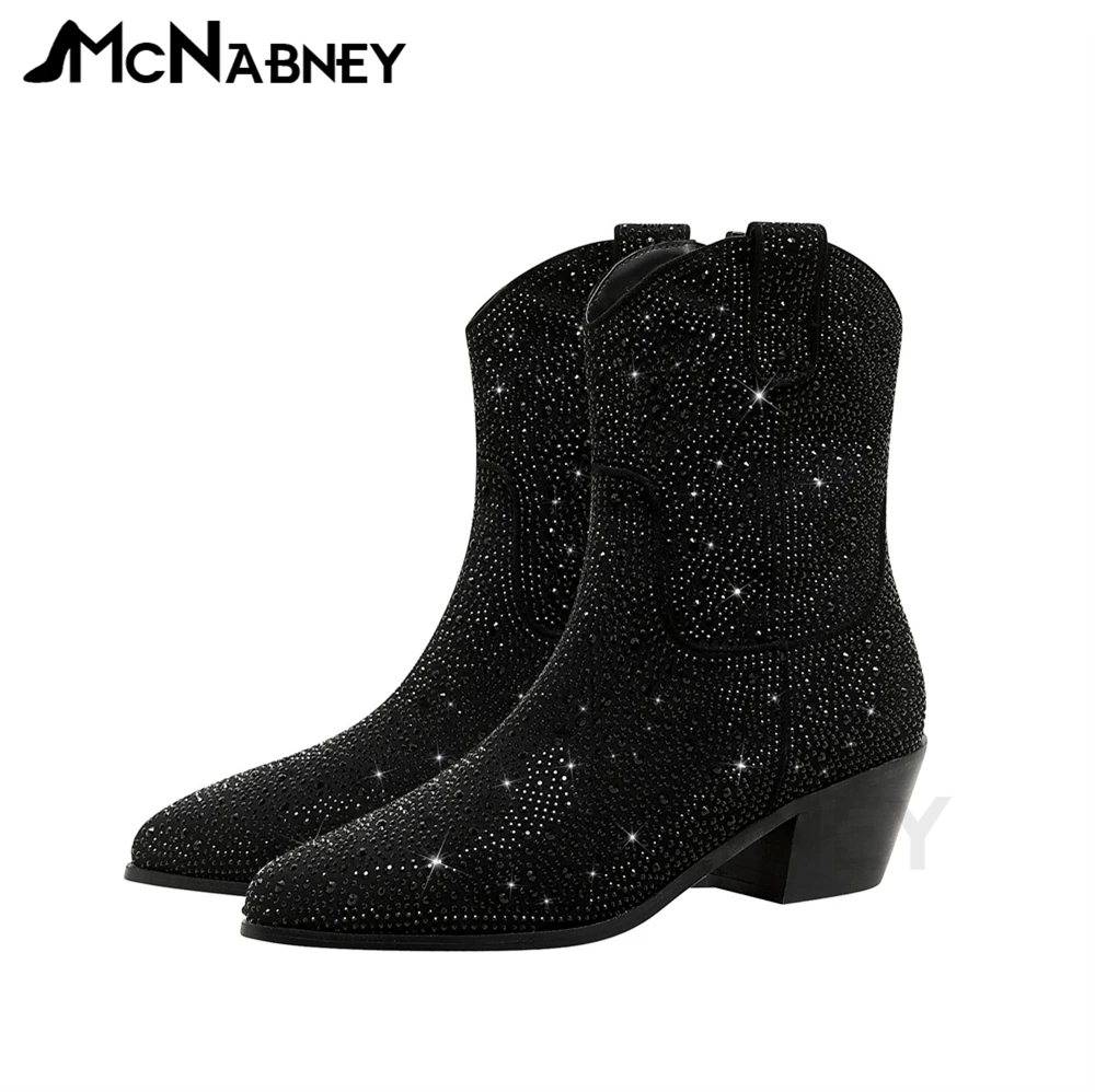 Rhinestone Cowboy Boots Bling Bling Wedge Boots Pointed Ankle Boots Western Cowboy Style Shoes for Women Luxurious Slip On Shoes