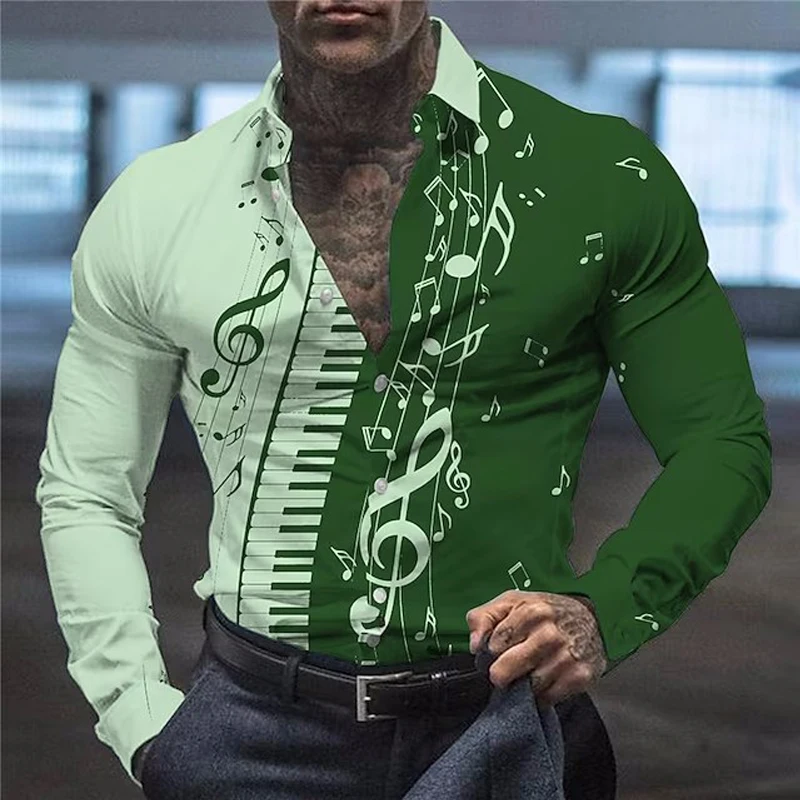 

Мужская Повседневная рубашка с длинным рукавом, дизайнерская однобортная рубашка оверсайз с принтом музыкальных нот и отложным воротником, роскошная одежда, 2023