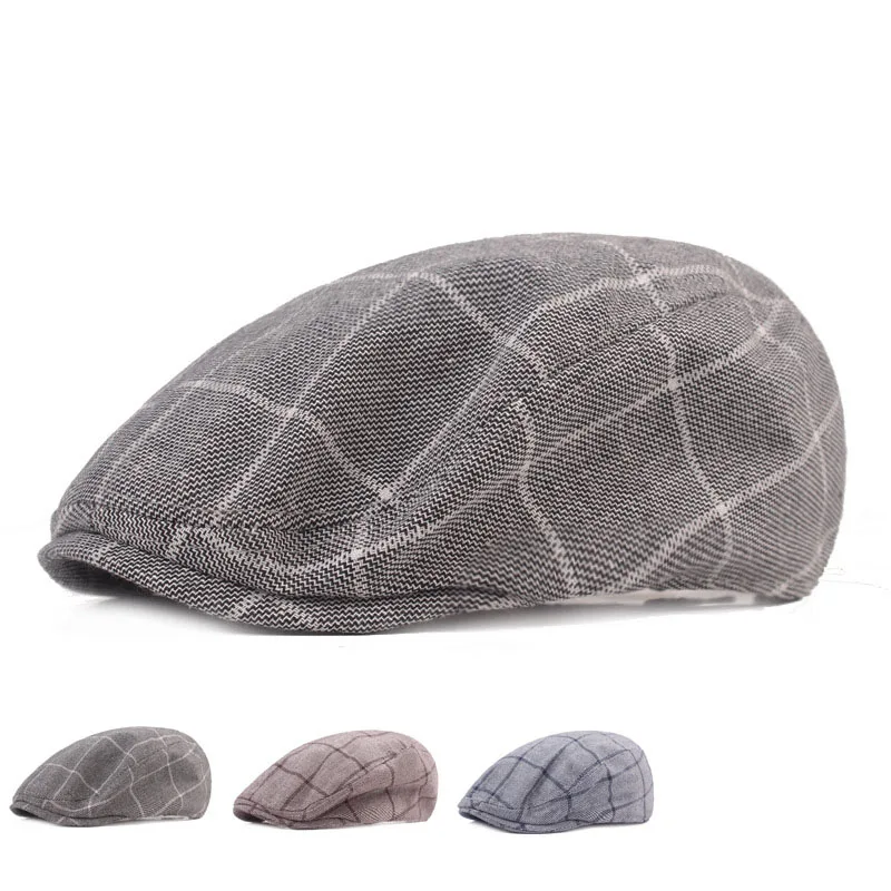 

Plaid Berets Cotton British Vintage Flat Caps Gatsby Male Gray Spring Summer Autumn Adjustable Driver Hats Casual Peaked Cap