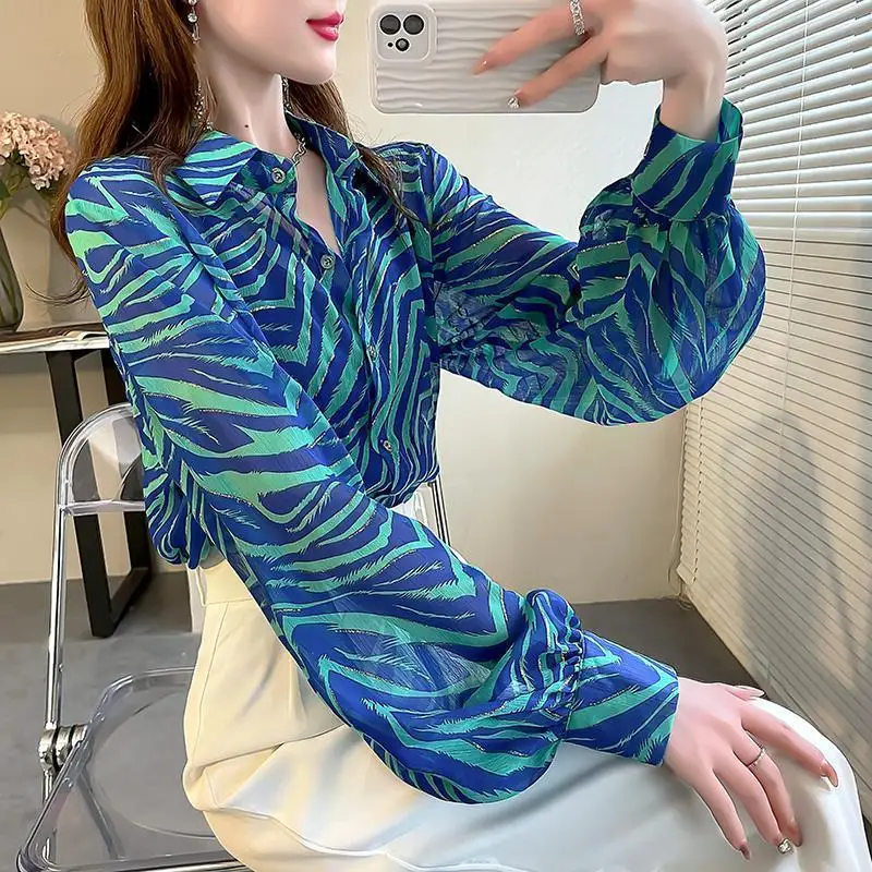 2023 Spring Summer New Chiffon Shiny Silk Blue Striped Shirt Women's Polo Neck Blouse Loose Lantern Sleeve Printing Tops images - 6