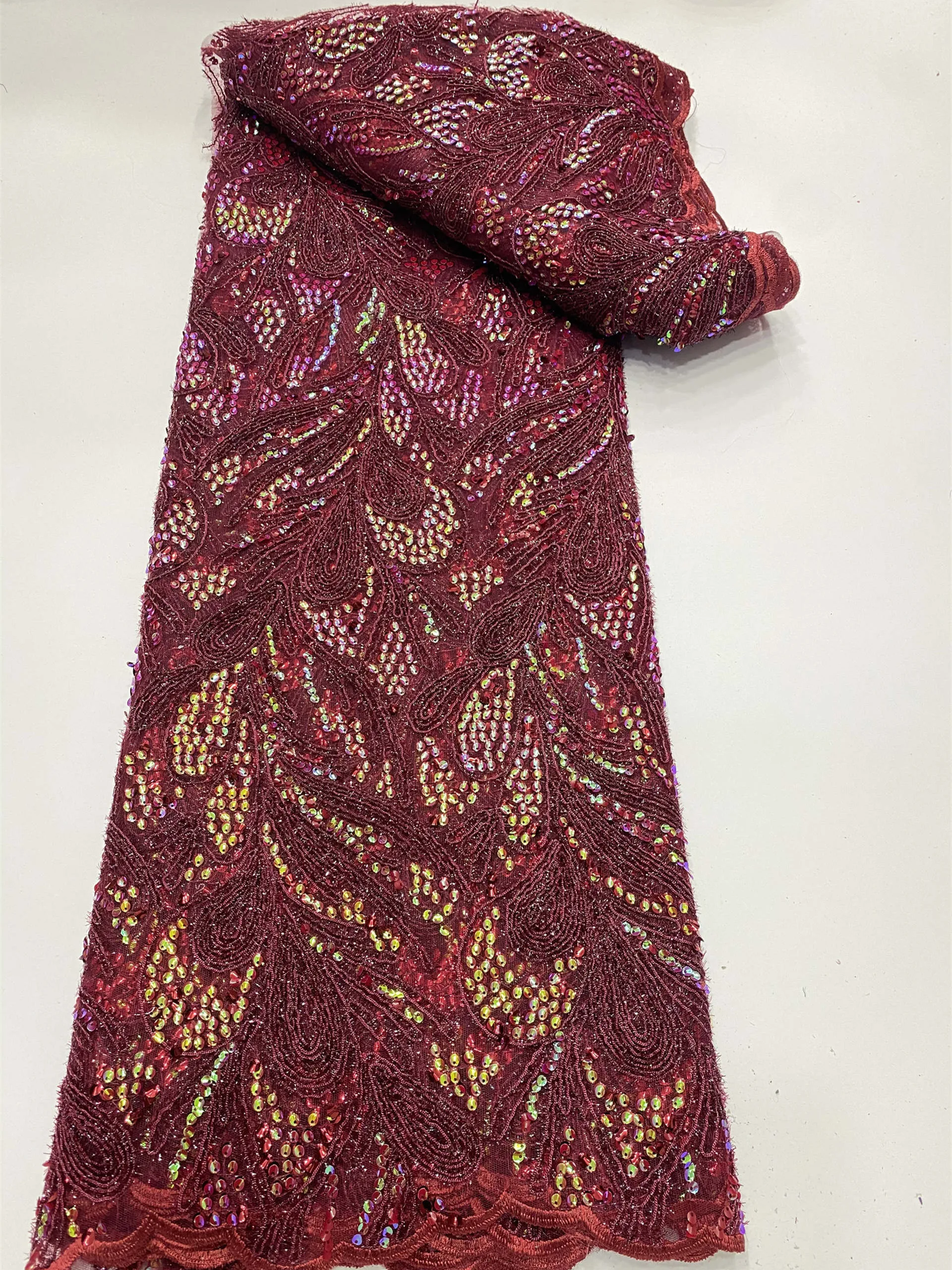 

Crafts Sewing Mesh Lace with Sequince Cord Decorated Leaves High Quality Embroidered African Lace Fabeic 2021 Nigerian JYYN40