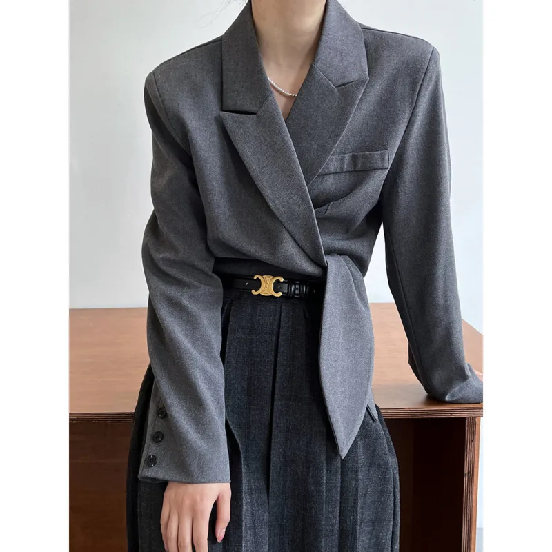 

2023 Spring Women Short Lace-up Blazer Lapel Collar Long Sleeve High Waist Solid Color Suit Coat