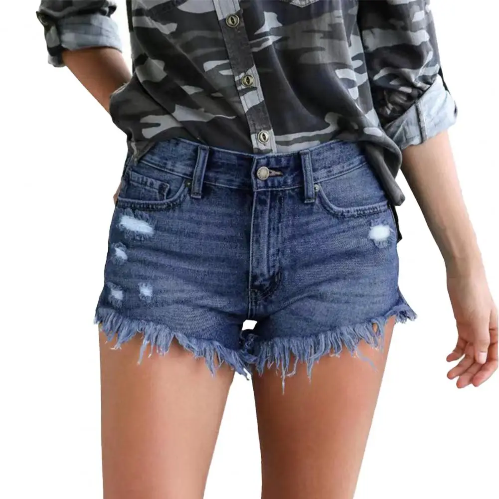 

Fashion Streetwear Frayed Chic Hem Ripped Tassels Denim Shorts Mid-Rise Multi Pockets Button Zipper Fly Denim Summer Shorts Traf