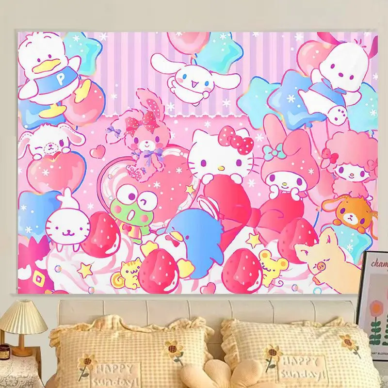 

Kawaii Sanrio Background Cloth KuromiHello Kitty Cute Anime Cartoon Tapestry Dorm Bedside Must-have Decorative Hanging Cloth