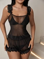 applique trim mesh lingerie set without bra without panty