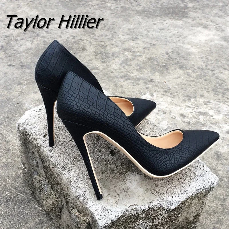 

Croc Print Leather Pointed Toe Pumps Stiletto High Heel Shoes Sexy Black Solid Color Shallow Women Wedding Shoes