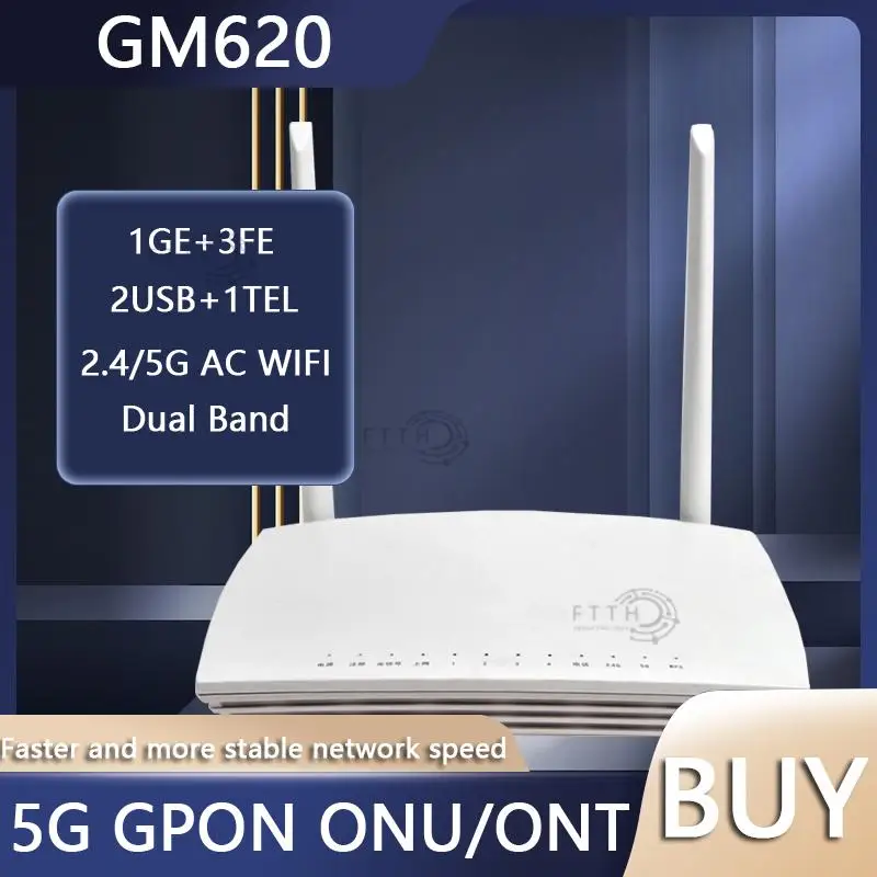 Двухдиапазонный модем GM620 GPON ONT ONU FTTH 1GE + 3FE + 1POT + 2USB 2,4G/Φ AC WIFI, Сетевой терминал, б/у, без блока питания