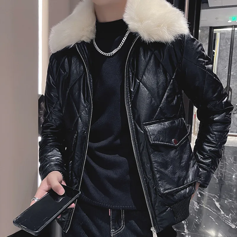 

Winter Men Harajuku Bright Line Embroidered Men's Homme Hiver Parka Homme Chaqueta Hombre Men's Lamb Fur Collar Thick Warm Coat