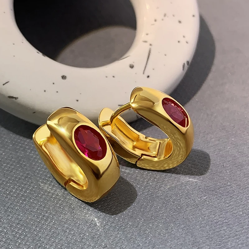 Exquisite Ruby Earrings For Women Gold Plated Small Crystal Hoop Earrings Carving Party Jewelry Accessories