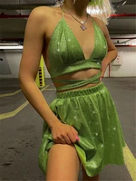 tossy sparkly two piece set women skirt and crop top 2022 new club party outfits female backless dress sets green fashion suit