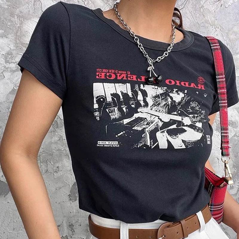 

Harajuku Grunge Graphic Black Goth Punk 90s Vintage Slim Short Crop Top Streetwear Sexy Summer Harajuku Y2K Casual Women T-Shirt