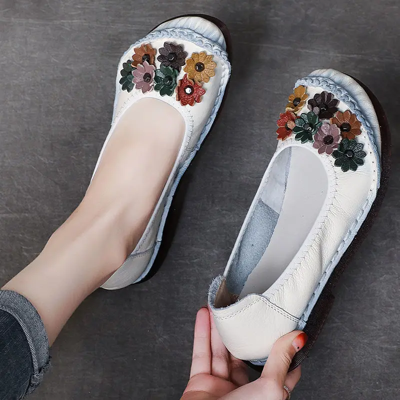 

Retro Floral Ballet Flats Woman Leather Slip On Shoes Ladies Comfortable Driving Moccasins Pregant Women Flattie Shallow Shoes