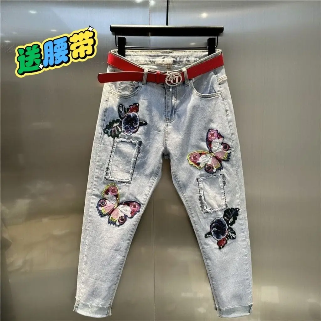

Women Pencil Pants Stretch Skinny Embroidery Jeans Without Ripped Woman Holes Denim Pants High Waist Trousers Women Jeans B14