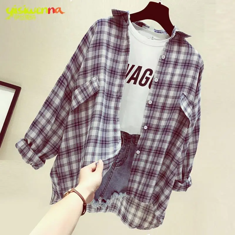 Блузка женская клетчатая рубашка с длинным рукавом мешковатая куртка блузы