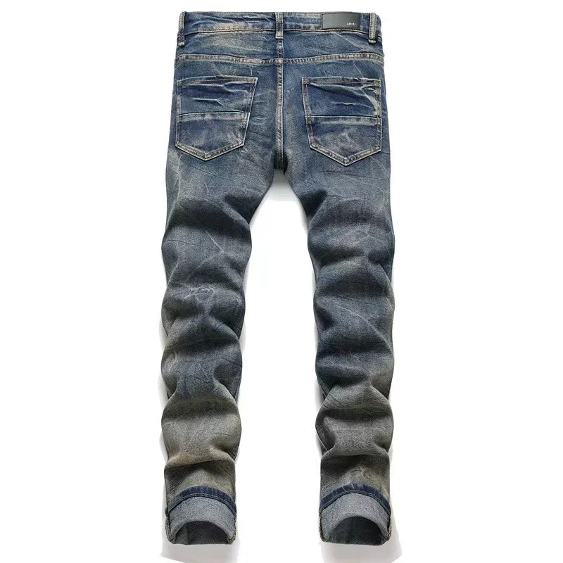 Seasonal Embroidered Jeans for Men Slim Fit Splicing Micro Seal LO Elastic Slim Fit High Street Tears Scratched Luxury Straight