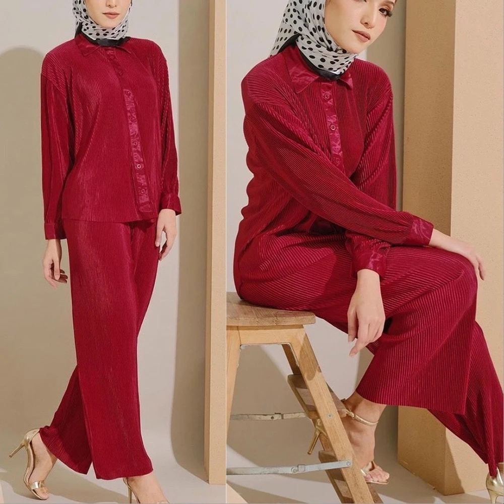 Muslim Fashion Set Dubai Travel Turkey Morocco Abaya Casual Women's Dress Malaysia Indonesia Dress Set Pleated Pants Set Dresses